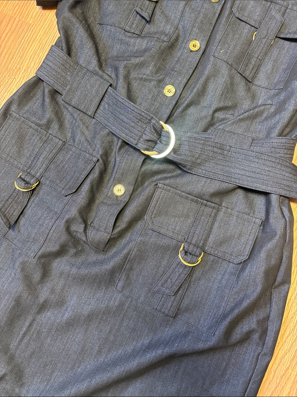 Calvin Klein Dark Navy Short-Sleeve Belted Shirt Midi Dress - Picture 4 of 6